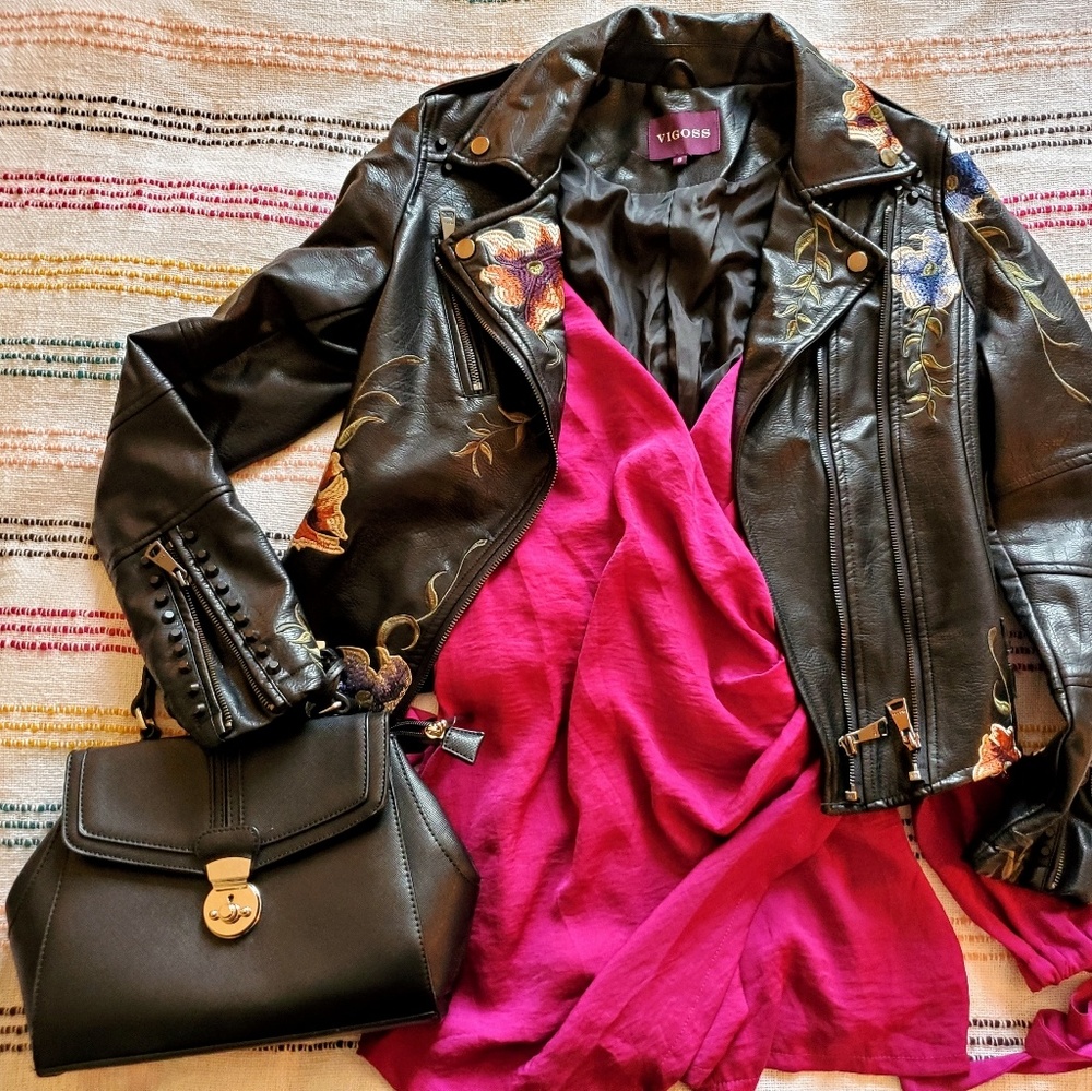 Vigoss Embroidered Stud Faux Leather Moto Jacket